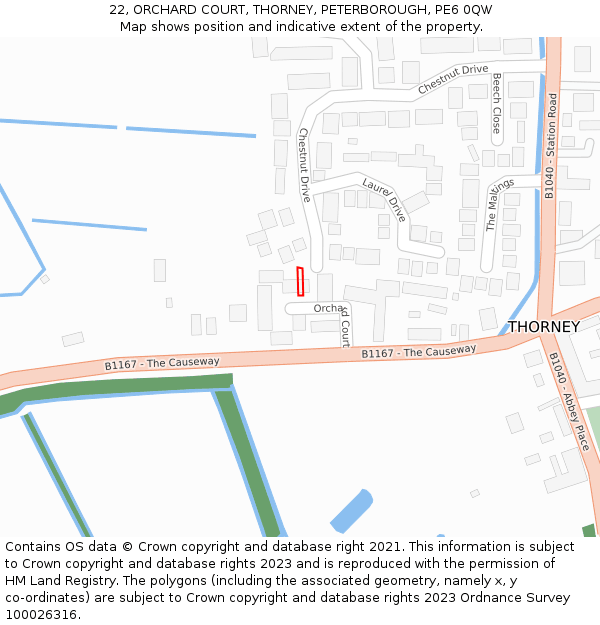 22, ORCHARD COURT, THORNEY, PETERBOROUGH, PE6 0QW: Location map and indicative extent of plot