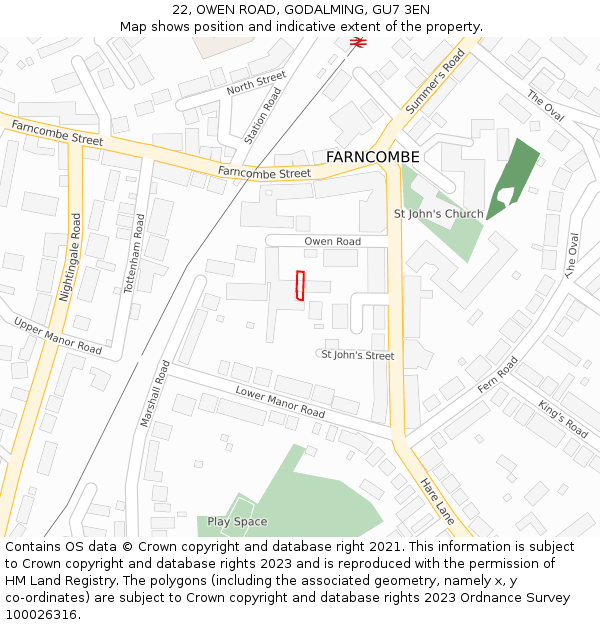 22, OWEN ROAD, GODALMING, GU7 3EN: Location map and indicative extent of plot