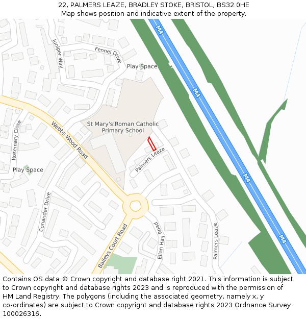 22, PALMERS LEAZE, BRADLEY STOKE, BRISTOL, BS32 0HE: Location map and indicative extent of plot