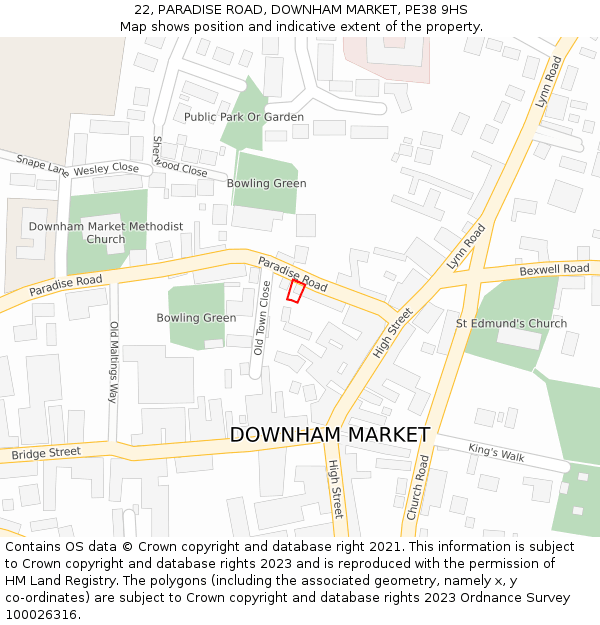 22, PARADISE ROAD, DOWNHAM MARKET, PE38 9HS: Location map and indicative extent of plot