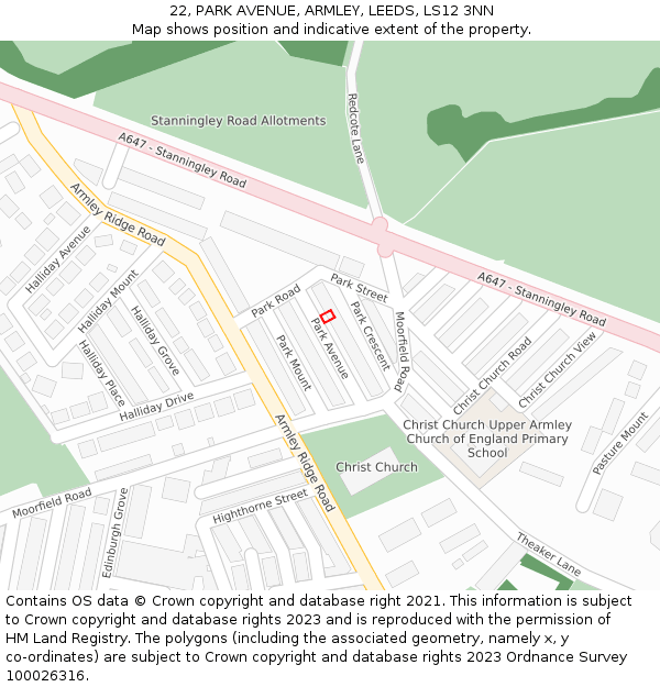 22, PARK AVENUE, ARMLEY, LEEDS, LS12 3NN: Location map and indicative extent of plot