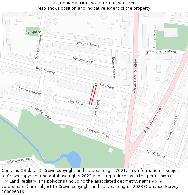 22, PARK AVENUE, WORCESTER, WR3 7AH: Location map and indicative extent of plot