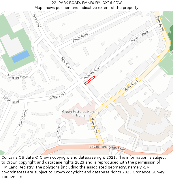 22, PARK ROAD, BANBURY, OX16 0DW: Location map and indicative extent of plot