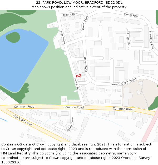 22, PARK ROAD, LOW MOOR, BRADFORD, BD12 0DL: Location map and indicative extent of plot