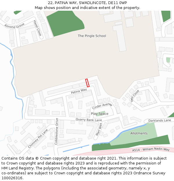 22, PATINA WAY, SWADLINCOTE, DE11 0WP: Location map and indicative extent of plot