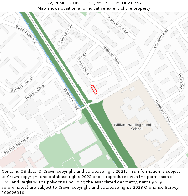 22, PEMBERTON CLOSE, AYLESBURY, HP21 7NY: Location map and indicative extent of plot