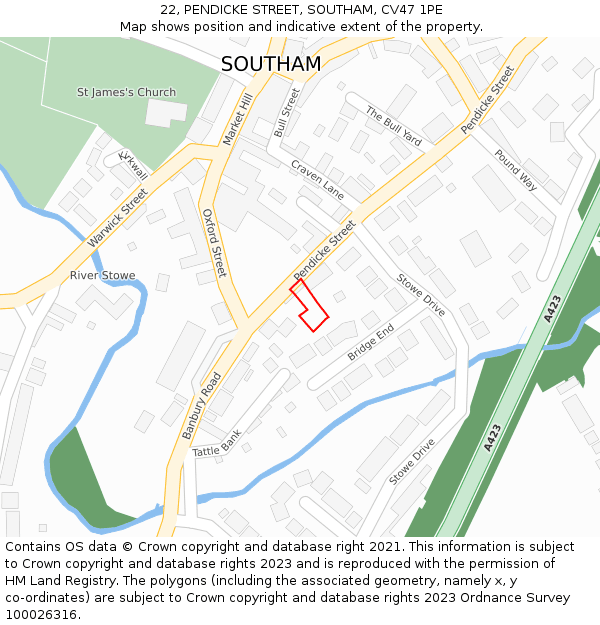 22, PENDICKE STREET, SOUTHAM, CV47 1PE: Location map and indicative extent of plot