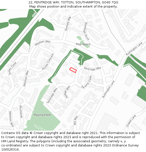 22, PENTRIDGE WAY, TOTTON, SOUTHAMPTON, SO40 7QG: Location map and indicative extent of plot