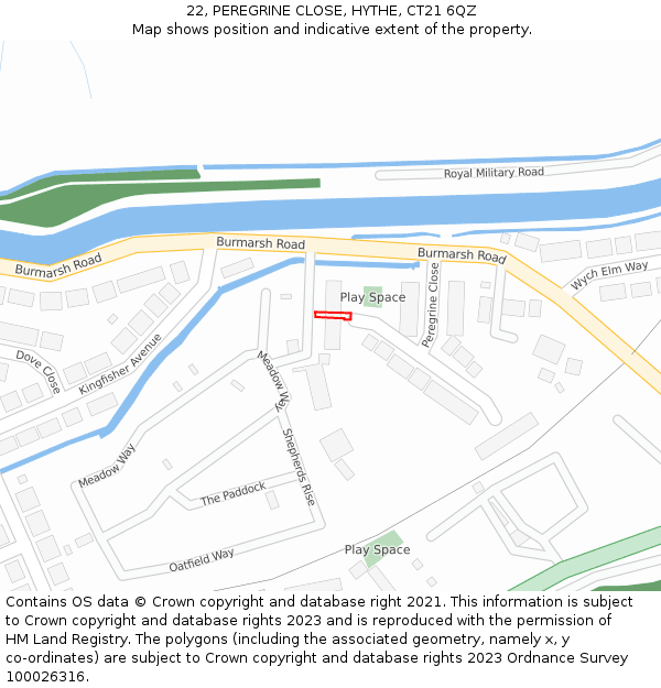 22, PEREGRINE CLOSE, HYTHE, CT21 6QZ: Location map and indicative extent of plot