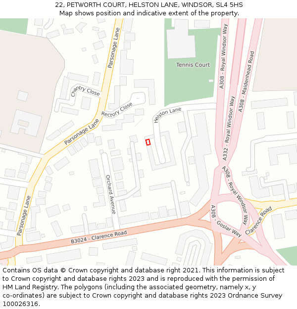 22, PETWORTH COURT, HELSTON LANE, WINDSOR, SL4 5HS: Location map and indicative extent of plot