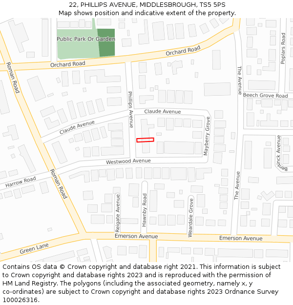 22, PHILLIPS AVENUE, MIDDLESBROUGH, TS5 5PS: Location map and indicative extent of plot