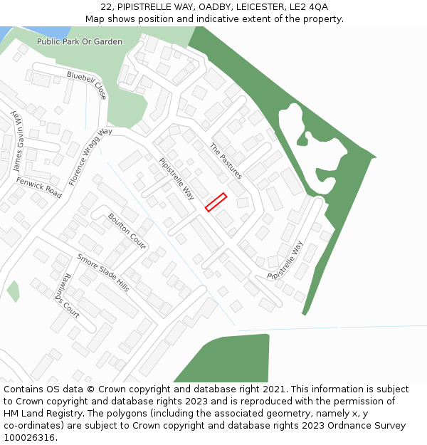 22, PIPISTRELLE WAY, OADBY, LEICESTER, LE2 4QA: Location map and indicative extent of plot