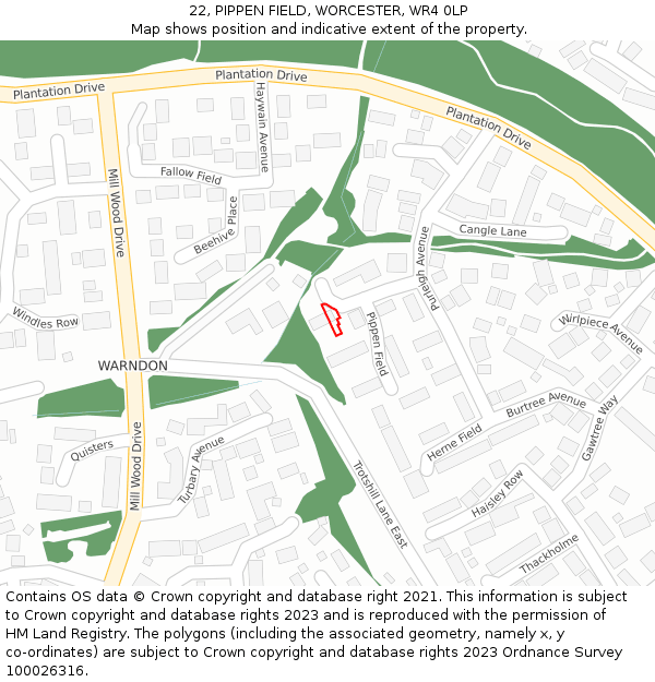 22, PIPPEN FIELD, WORCESTER, WR4 0LP: Location map and indicative extent of plot