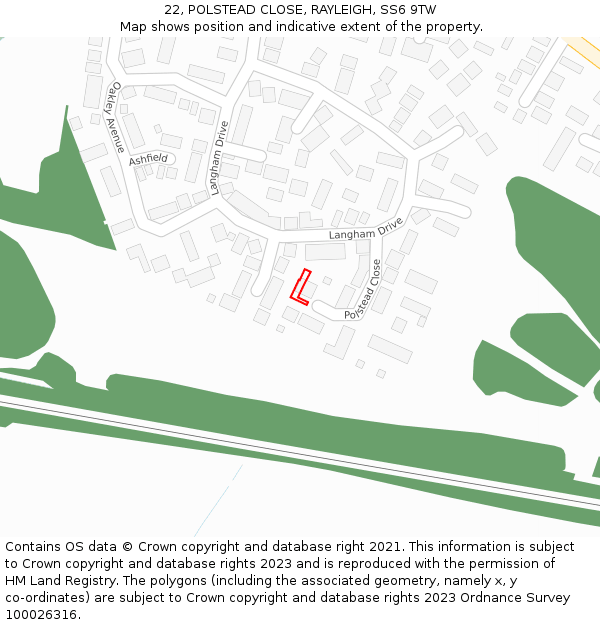 22, POLSTEAD CLOSE, RAYLEIGH, SS6 9TW: Location map and indicative extent of plot