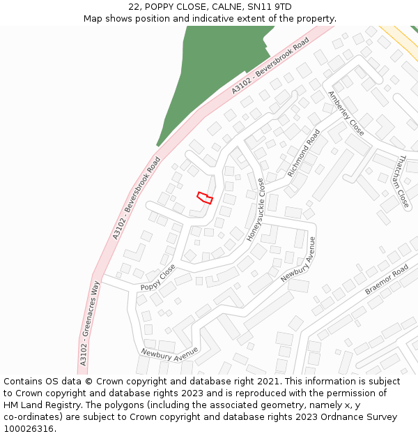 22, POPPY CLOSE, CALNE, SN11 9TD: Location map and indicative extent of plot