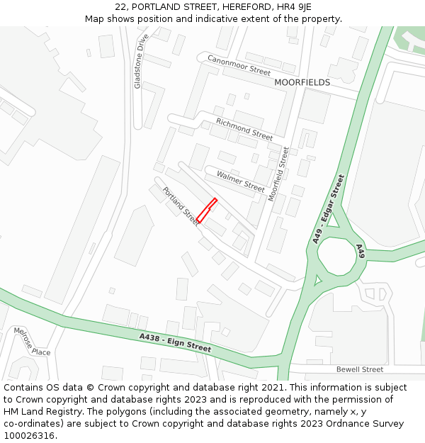 22, PORTLAND STREET, HEREFORD, HR4 9JE: Location map and indicative extent of plot