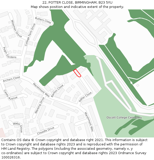 22, POTTER CLOSE, BIRMINGHAM, B23 5YU: Location map and indicative extent of plot