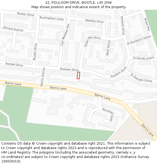 22, POULSOM DRIVE, BOOTLE, L30 2NW: Location map and indicative extent of plot