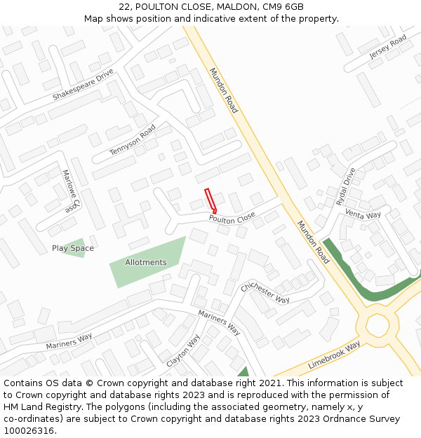 22, POULTON CLOSE, MALDON, CM9 6GB: Location map and indicative extent of plot