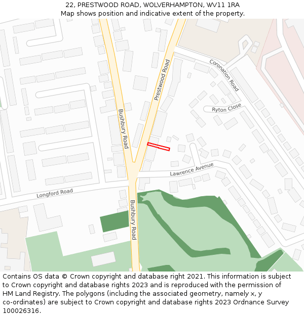 22, PRESTWOOD ROAD, WOLVERHAMPTON, WV11 1RA: Location map and indicative extent of plot