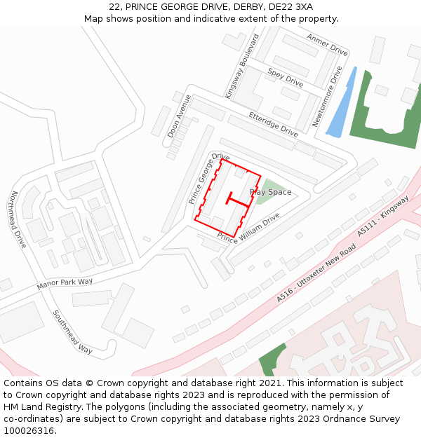 22, PRINCE GEORGE DRIVE, DERBY, DE22 3XA: Location map and indicative extent of plot