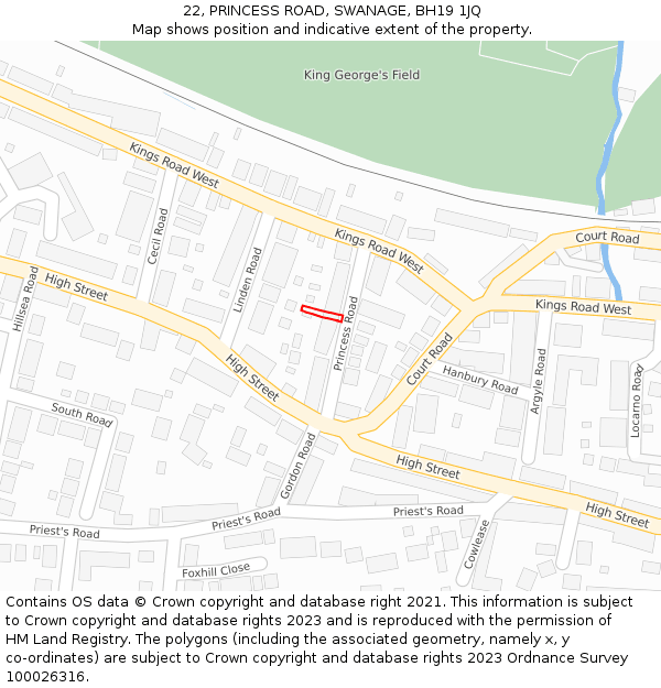22, PRINCESS ROAD, SWANAGE, BH19 1JQ: Location map and indicative extent of plot
