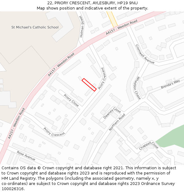 22, PRIORY CRESCENT, AYLESBURY, HP19 9NU: Location map and indicative extent of plot