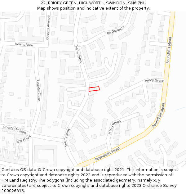 22, PRIORY GREEN, HIGHWORTH, SWINDON, SN6 7NU: Location map and indicative extent of plot