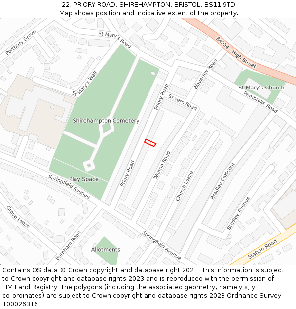 22, PRIORY ROAD, SHIREHAMPTON, BRISTOL, BS11 9TD: Location map and indicative extent of plot