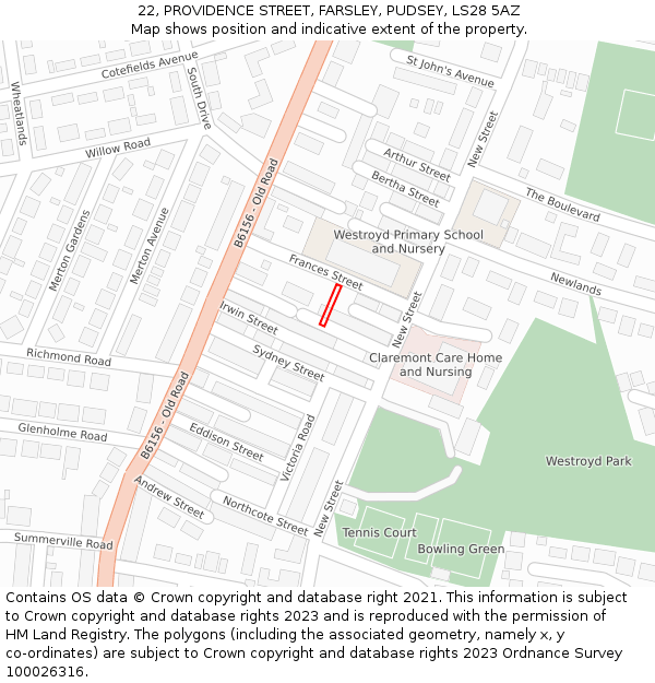 22, PROVIDENCE STREET, FARSLEY, PUDSEY, LS28 5AZ: Location map and indicative extent of plot