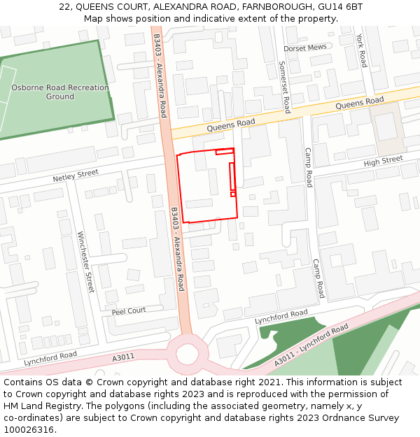 22, QUEENS COURT, ALEXANDRA ROAD, FARNBOROUGH, GU14 6BT: Location map and indicative extent of plot