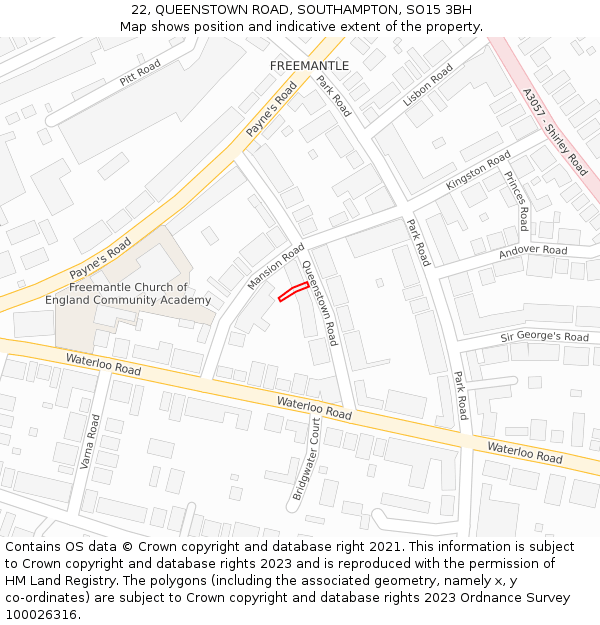 22, QUEENSTOWN ROAD, SOUTHAMPTON, SO15 3BH: Location map and indicative extent of plot
