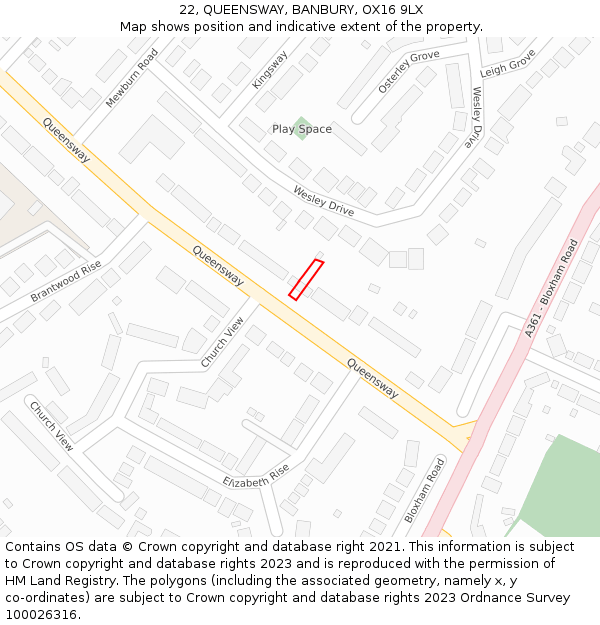 22, QUEENSWAY, BANBURY, OX16 9LX: Location map and indicative extent of plot