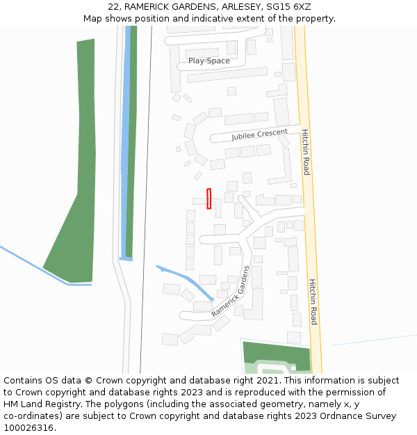 22, RAMERICK GARDENS, ARLESEY, SG15 6XZ: Location map and indicative extent of plot