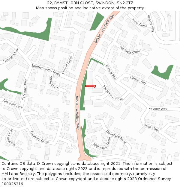 22, RAMSTHORN CLOSE, SWINDON, SN2 2TZ: Location map and indicative extent of plot