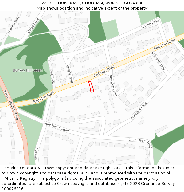22, RED LION ROAD, CHOBHAM, WOKING, GU24 8RE: Location map and indicative extent of plot