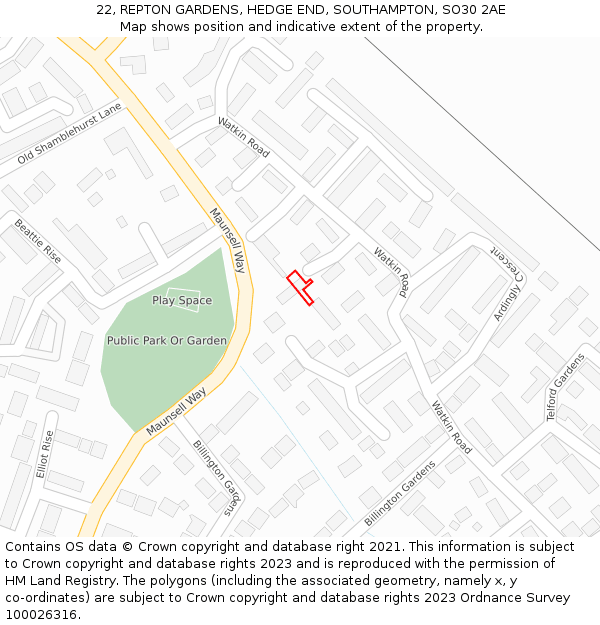 22, REPTON GARDENS, HEDGE END, SOUTHAMPTON, SO30 2AE: Location map and indicative extent of plot