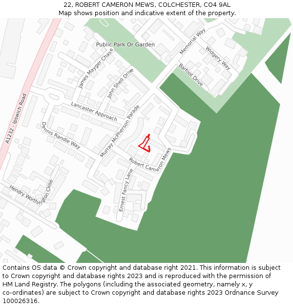 22, ROBERT CAMERON MEWS, COLCHESTER, CO4 9AL: Location map and indicative extent of plot