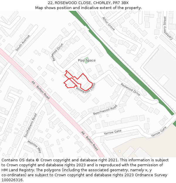 22, ROSEWOOD CLOSE, CHORLEY, PR7 3BX: Location map and indicative extent of plot