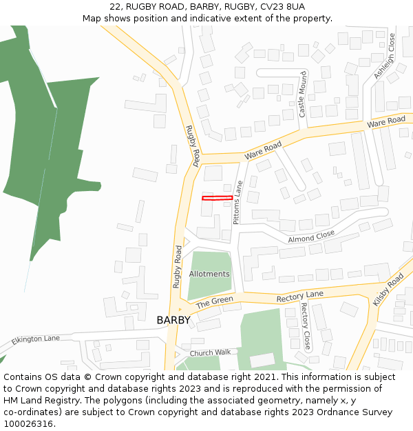 22, RUGBY ROAD, BARBY, RUGBY, CV23 8UA: Location map and indicative extent of plot