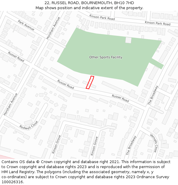 22, RUSSEL ROAD, BOURNEMOUTH, BH10 7HD: Location map and indicative extent of plot