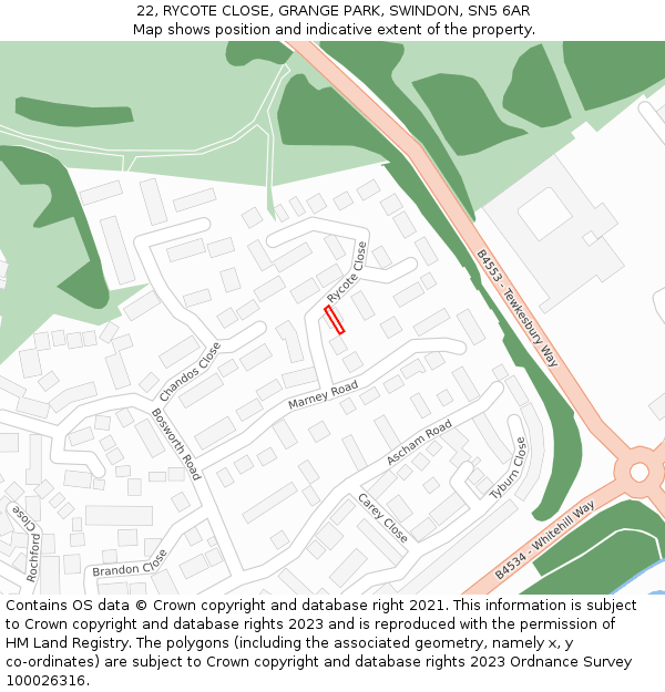 22, RYCOTE CLOSE, GRANGE PARK, SWINDON, SN5 6AR: Location map and indicative extent of plot