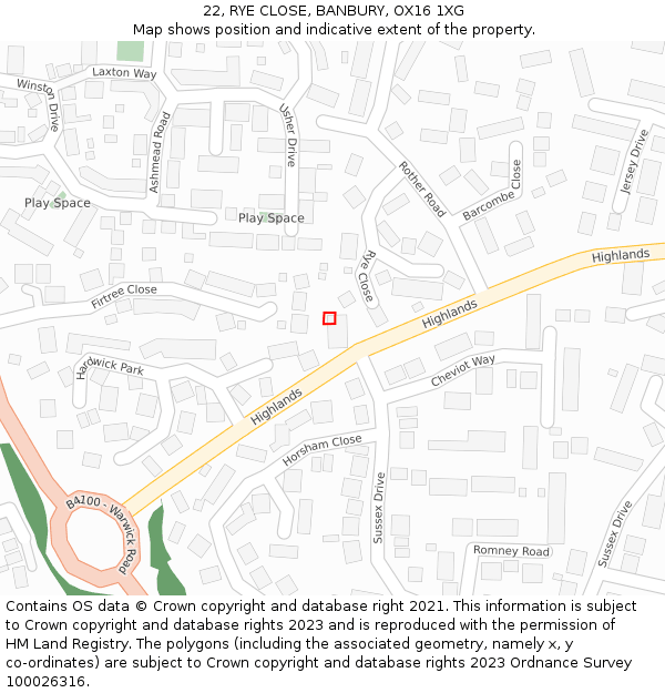 22, RYE CLOSE, BANBURY, OX16 1XG: Location map and indicative extent of plot