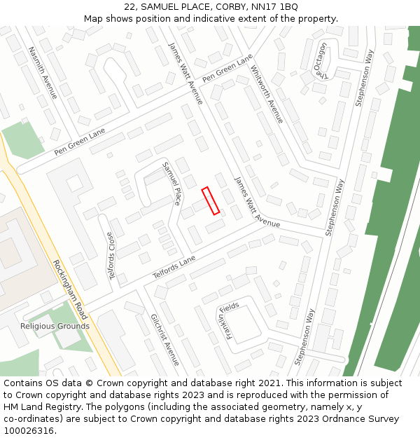 22, SAMUEL PLACE, CORBY, NN17 1BQ: Location map and indicative extent of plot