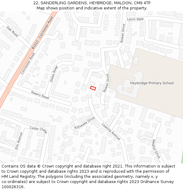 22, SANDERLING GARDENS, HEYBRIDGE, MALDON, CM9 4TP: Location map and indicative extent of plot