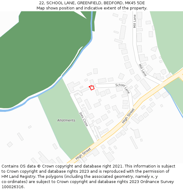 22, SCHOOL LANE, GREENFIELD, BEDFORD, MK45 5DE: Location map and indicative extent of plot