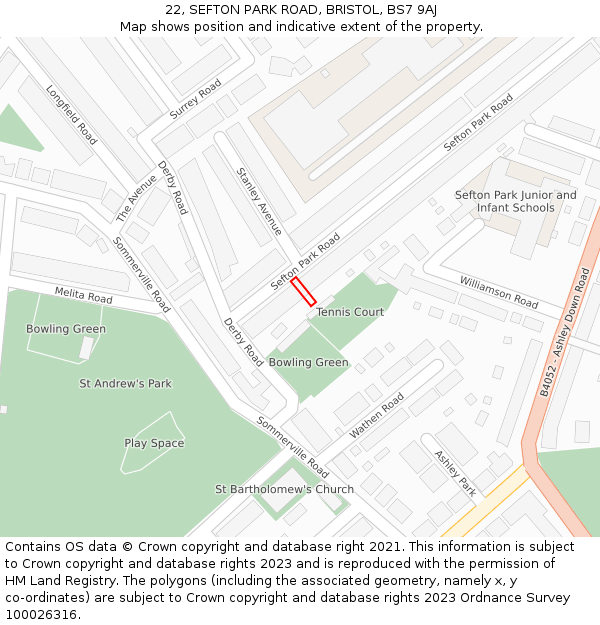 22, SEFTON PARK ROAD, BRISTOL, BS7 9AJ: Location map and indicative extent of plot