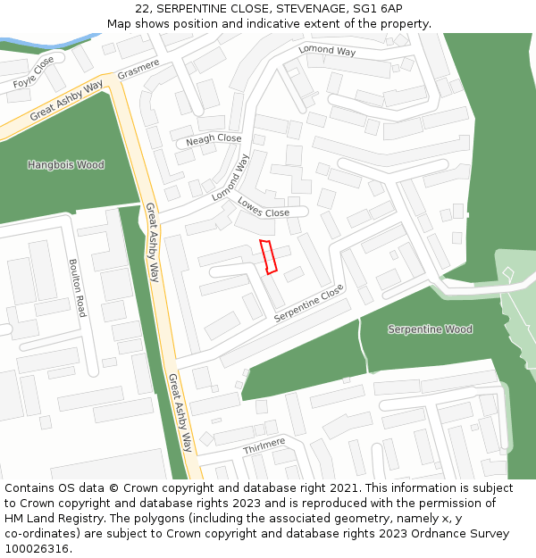 22, SERPENTINE CLOSE, STEVENAGE, SG1 6AP: Location map and indicative extent of plot