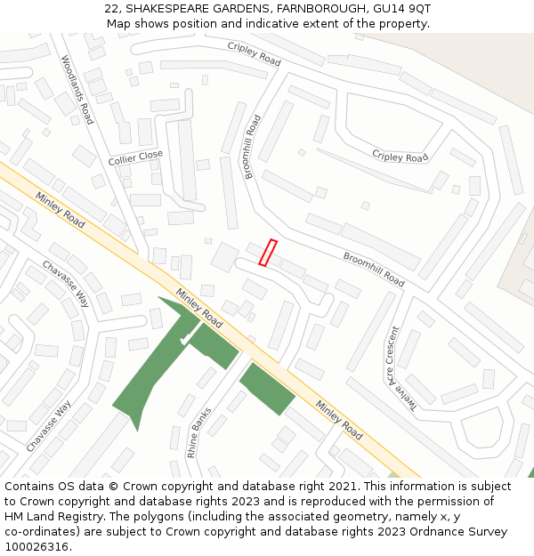 22, SHAKESPEARE GARDENS, FARNBOROUGH, GU14 9QT: Location map and indicative extent of plot