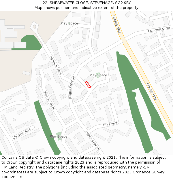 22, SHEARWATER CLOSE, STEVENAGE, SG2 9RY: Location map and indicative extent of plot